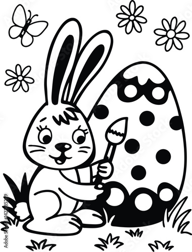 Bunny painting Easter egg and some flowers, Coloring for Kids and HP Printable File. ready to print on standard 8.5x11 inch paper