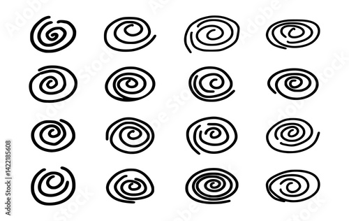 Collection of hand-drawn spiral swirls in black and white