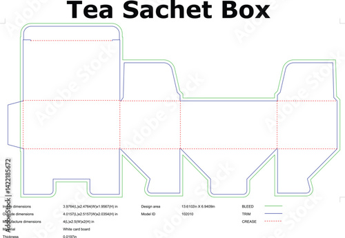 Tea sachet box die cut template packaging design technical blueprint vector