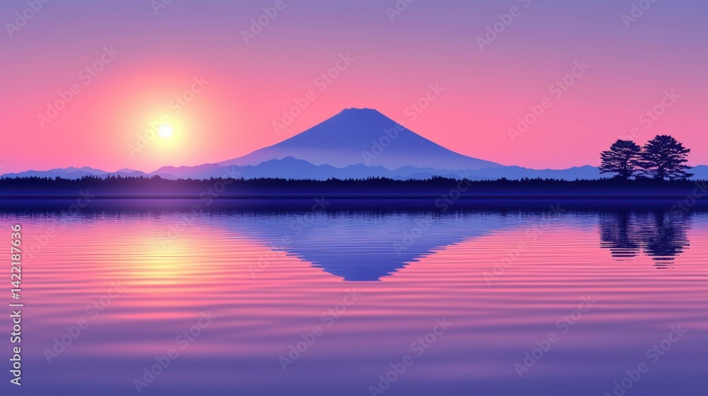 Serene Landscape Featuring Mount Fuji Reflected in Water during a Radiant Sunset Sky Scenery Serene Landscape Featuring Mount Fuji Reflected in Water during a Radiant Sunset Sky Scenery