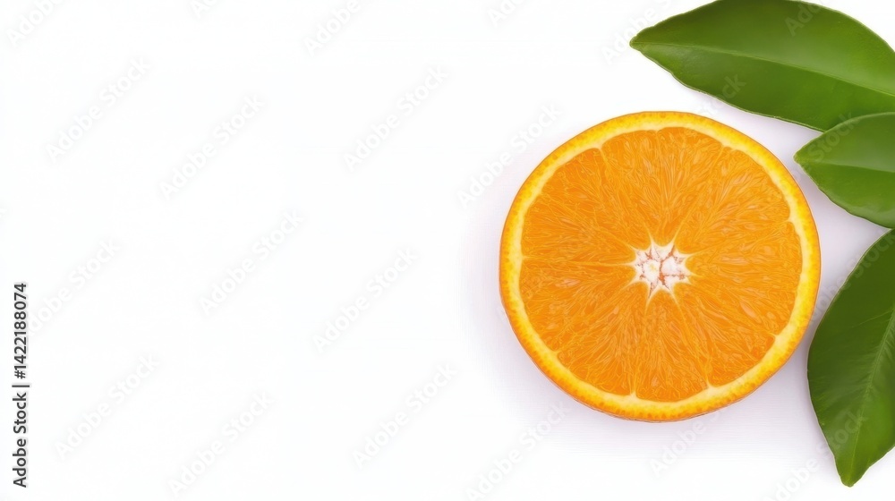 Fototapeta premium Freshly cut orange slice with vibrant color and green leaves on white background
