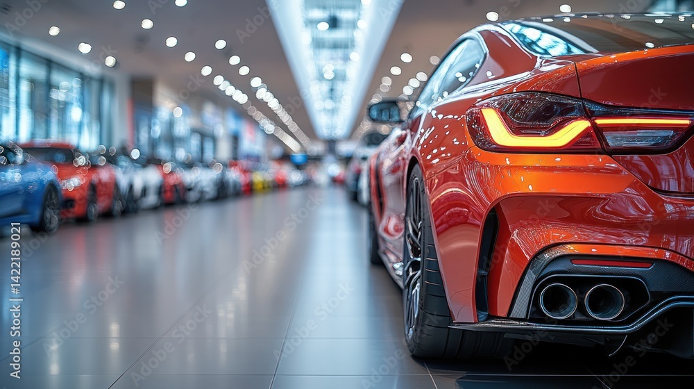 Red sports car in showroom. Red sports car in showroom.