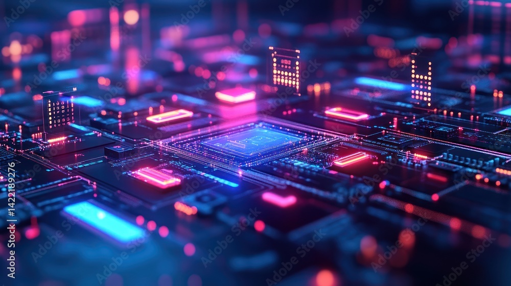 Futuristic CPU glowing with vibrant neon lights on a circuit board. Futuristic CPU glowing with vibrant neon lights on a circuit board.