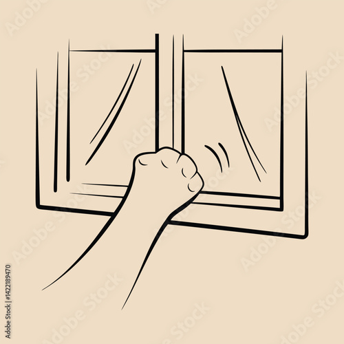 Hand knocking on a window drawing vector minimalist outline style graphic