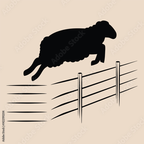Black silhouette of a sheep jumping over a minimalist fence illustration