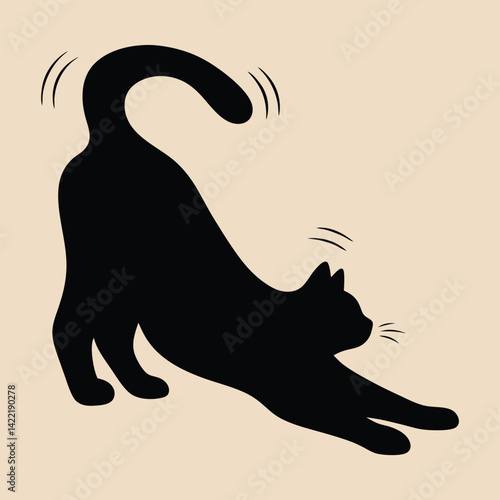 Stretching black cat silhouette minimalist vector illustration on beige background