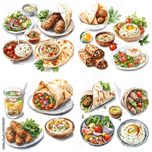 Watercolor illustration of Middle Eastern food including falafel, hummus, pita bread, and fresh salads, perfect for restaurant menus, culinary branding, food packaging, and cultural designs.

