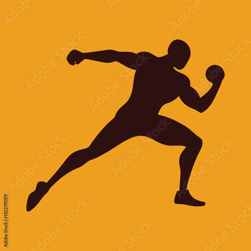 Shot put athlete silhouette in powerful throwing motion against orange background