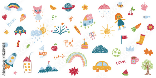 Hand drawn colorful set of children's drawings, simple decorative elements. Various icons such as hearts, stars, speech bubbles, cars, rainbows isolated on white background.
