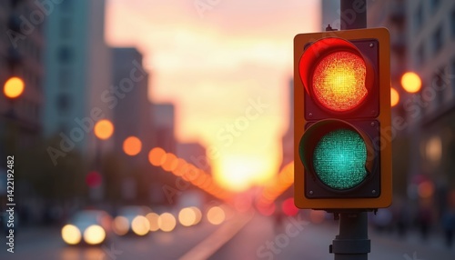 Traffic lights illuminated at dusk. Red, yellow, green signals regulate road traffic. Traffic safety, transportation concept. Stop go lights, urban city street. Sunset time.