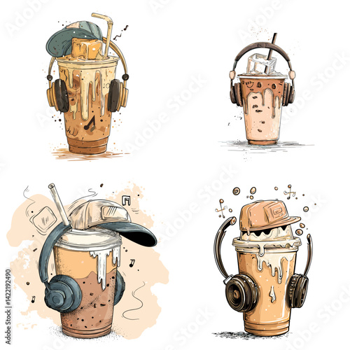 Watercolor illustration of cool iced coffee drinks with caps and headphones, blending beverage and music lifestyle, perfect for modern café branding, posters, and creative designs.


