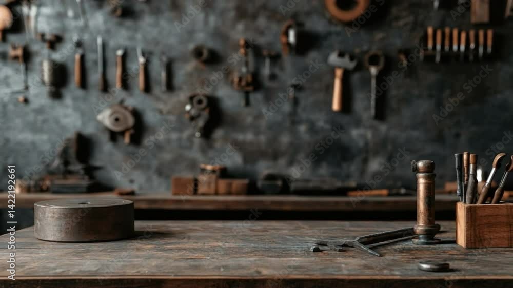 Rustic Workshop Environment with Hand Tools, Workbench, and Dark Textured Wall for Craftsmanship and DIY Projects Rustic Workshop Environment with Hand Tools, Workbench, and Dark Textured Wall for Craftsmanship and DIY Projects