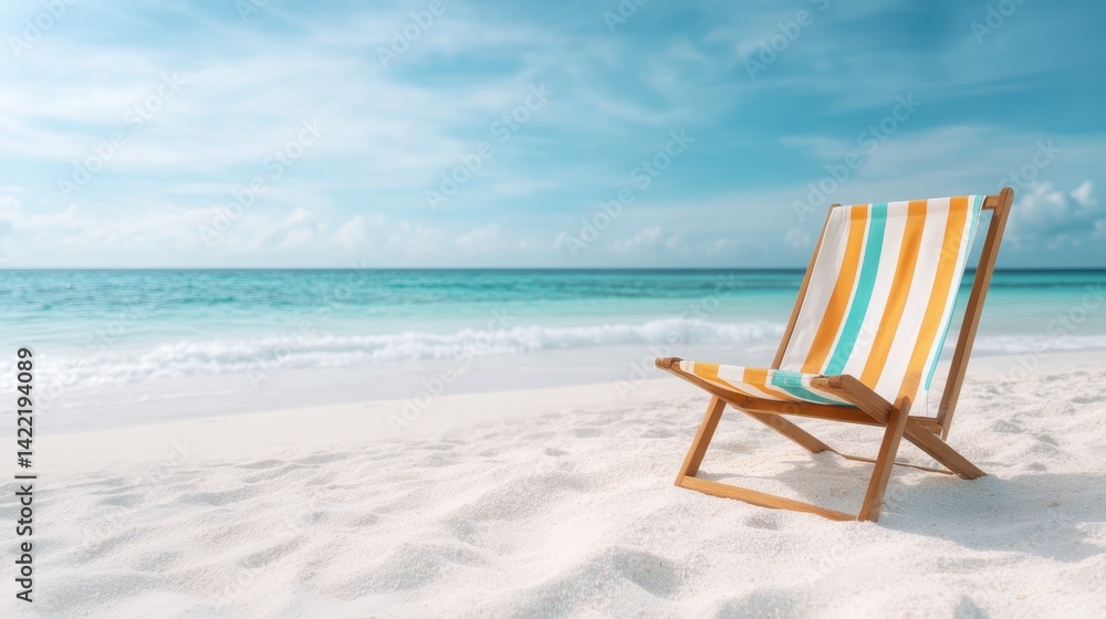A charming beach chair adorned with orange stripes, perfectly placed on a pristine white sand beach, evoking a sense of calm and leisurely summer days by the ocean. A charming beach chair adorned with orange stripes, perfectly placed on a pristine white sand beach, evoking a sense of calm and leisurely summer days by the ocean.