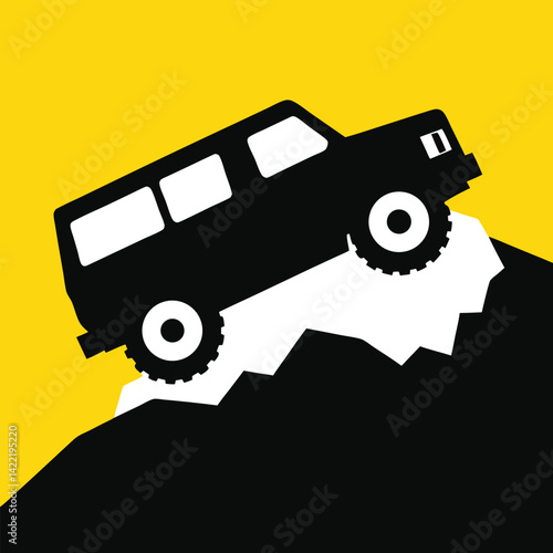 Off road vehicle climbing a rocky hill minimalist vector illustration style