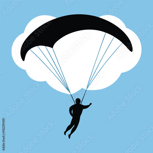 Paragliding in the sky silhouette of person under parachute with clouds minimalist illustration