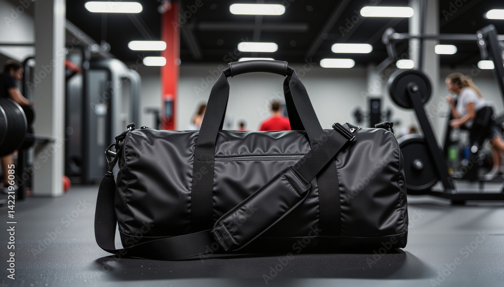 Fototapeta premium Black gym bag on gym floor with workout equipment in background 