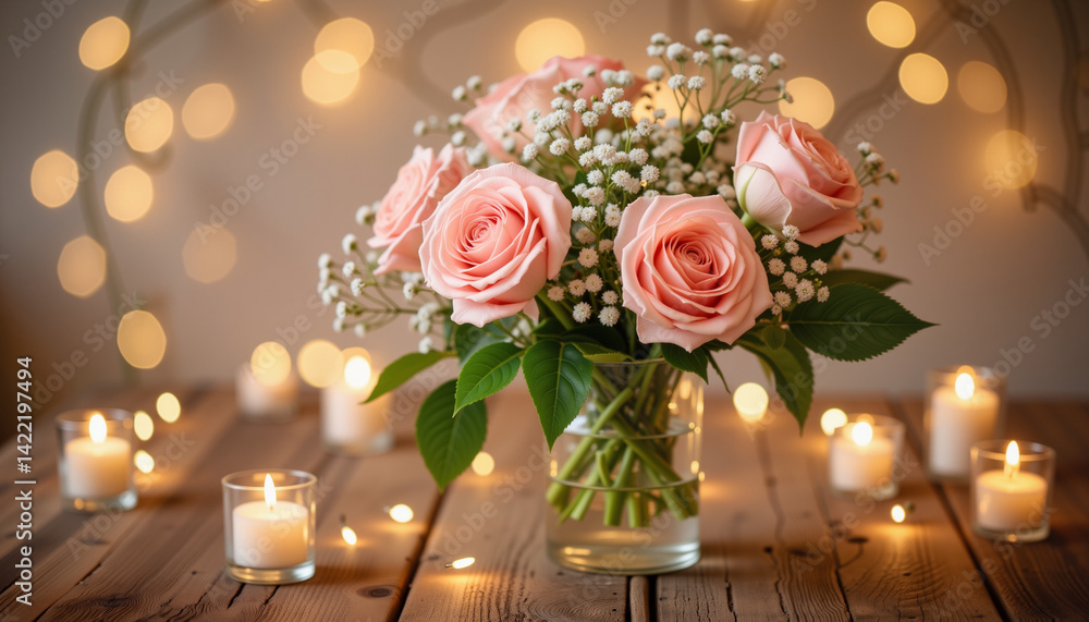 Obraz premium Beautiful rose bouquet with candles on a wooden table 
