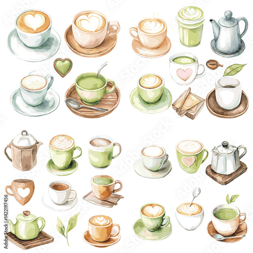 Watercolor illustrations of coffee and tea cups, teapots, and saucers in soft pastel tones. Ideal for cafe menus, kitchen decor, packaging, recipe books, and beverage-themed designs.

