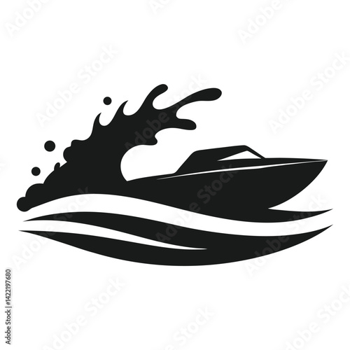 Silhouette of speedboat cruising through waves with splashing water vector illustration