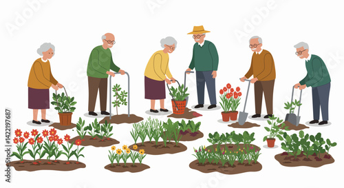 Elderly People Gardening Together in a Colorful Flower Garden  