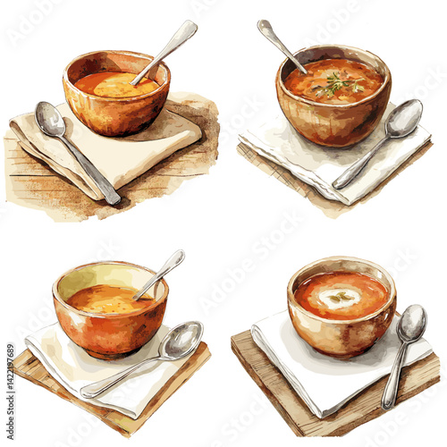 Watercolor illustrations of warm soup bowls with spoons on napkins and wooden boards. Ideal for cozy food designs, recipe books, restaurant menus, and rustic kitchen artwork.

