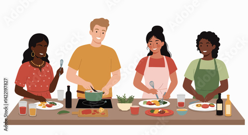 Diverse group cooking together in a home kitchen  