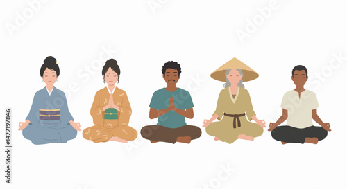 Diverse people meditating in traditional attire against a plain background  