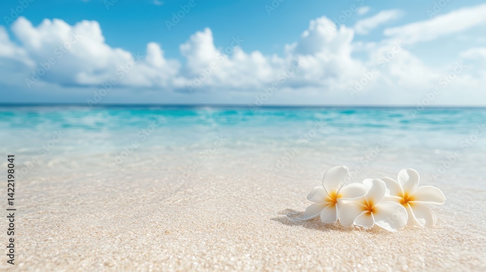 A serene image of white plumeria flowers resting on a sandy beach, with a tranquil turquoise ocean in the background, evoking feelings of peace and relaxation. A serene image of white plumeria flowers resting on a sandy beach, with a tranquil turquoise ocean in the background, evoking feelings of peace and relaxation.