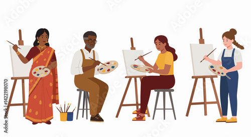 Diverse Artists Creating Abstract Paintings in Studio Setting  