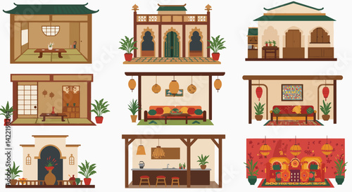 Traditional Asian Home Interiors in Colorful Illustration Style  
