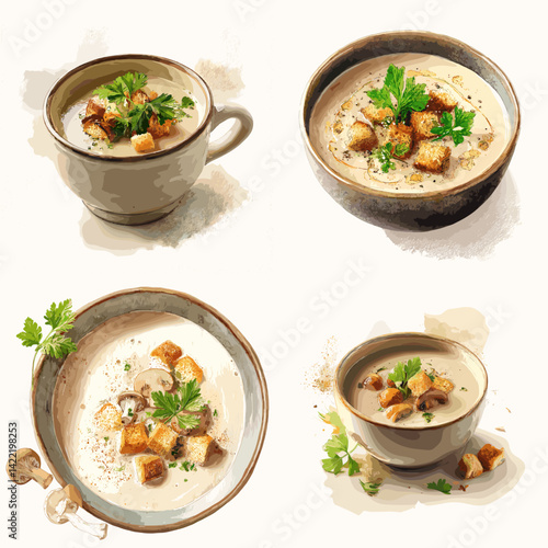 Watercolor illustrations of creamy mushroom soup served in rustic bowls with croutons and herbs. Perfect for culinary designs, recipe books, restaurant menus, and food blogs.

