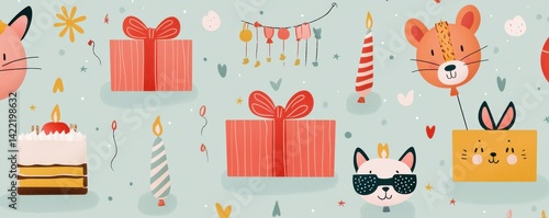 A playful, colorful style featuring cute animals, gifts, and party elements, perfect for celebrating birthdays or festive occasions.