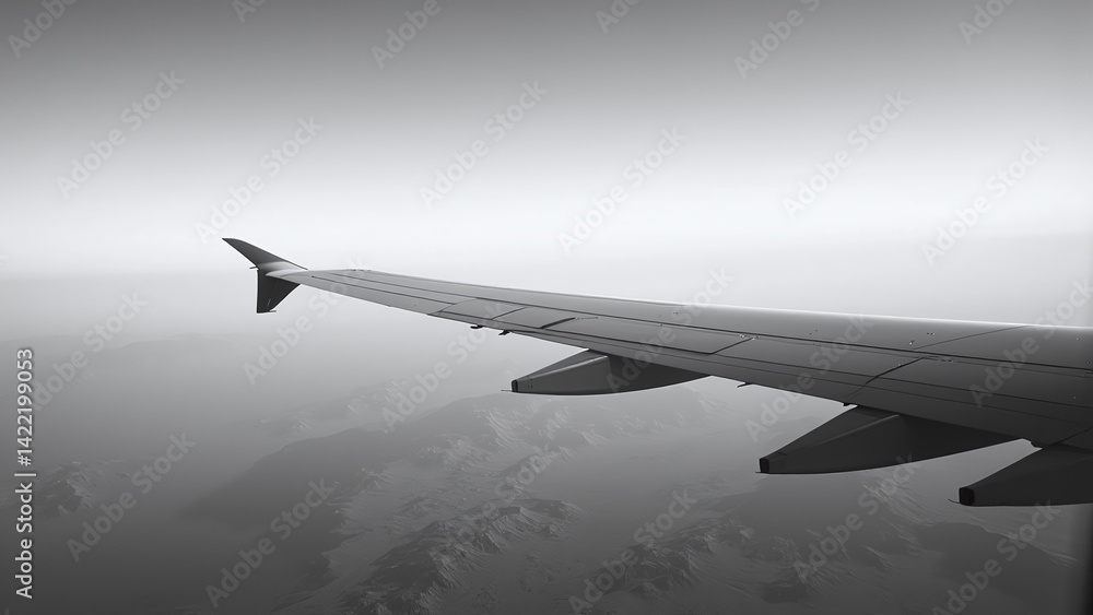 Fototapeta premium Airplane Wing Over Mountainous Terrain, Black and White