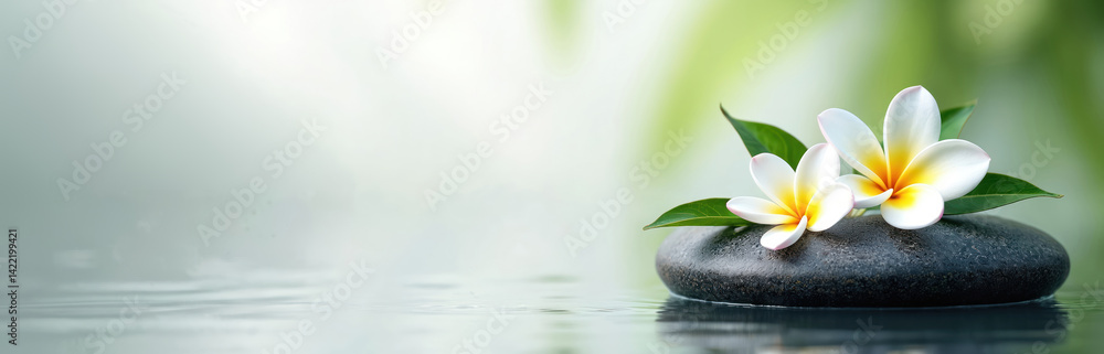 Fototapeta premium Illustration of a smooth black stone with white flowers resting on water. Calm zen image symbolizes spa, relaxation, meditation, wellness, serenity, nature. Perfect for spa treatments.