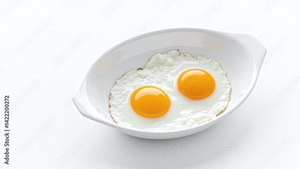 Two Fried Eggs in White Dish on White Background Two Fried Eggs in White Dish on White Background