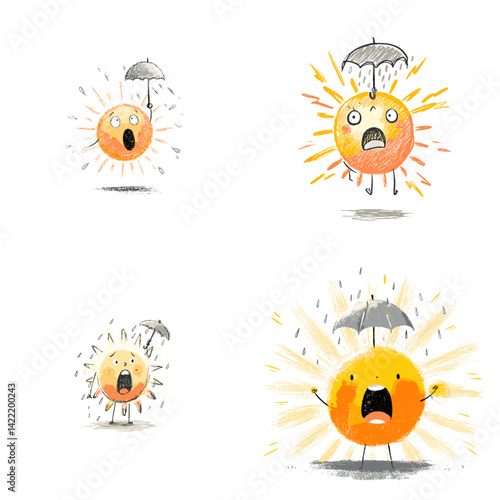 Funny cartoon sun characters getting rained on with umbrellas, humorous weather-themed illustration, perfect for climate change topics, educational materials, children's designs, and weather graphics.