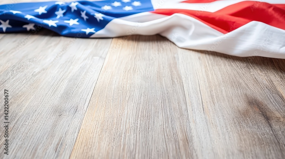 Obraz premium A close-up of the United States flag draped on a wooden surface, symbolizing patriotism and national holidays like Independence Day and Memorial Day.