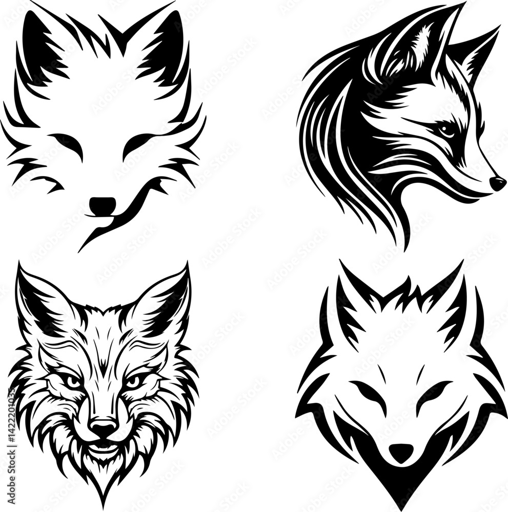 Four stylized fox vector art in black and white. Four stylized fox vector art in black and white.