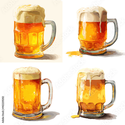 Frothy mugs of beer in watercolor style, refreshing golden drinks perfect for Oktoberfest themes, bar menus, brewery branding, pub promotions, beverage packaging, and festive celebrations.

