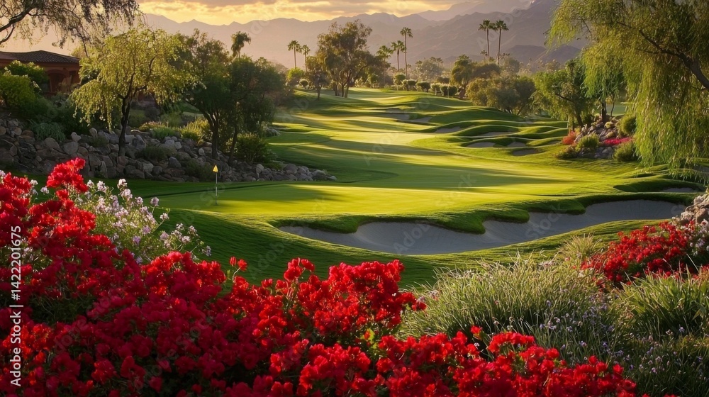Fototapeta premium Vibrant blooming flowers enhance the beauty of the scenic landscape.