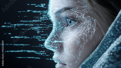 Image shows a person's face overlaid with a digital network concept. It symbolizes AI technology or facial recognition. Use for articles about tech and future visions.