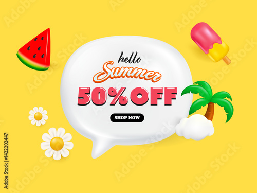 Summer speech bubble 3d icons. 50 percent discount offer tag. Sale price promo sign. Special offer symbol. Discount chat offer.