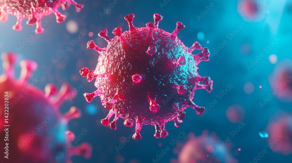 Naklejka premium Microscopic view of pink and red viruses against a blue background. Detailed 3D rendering of virus structure. Scientific medical illustration.