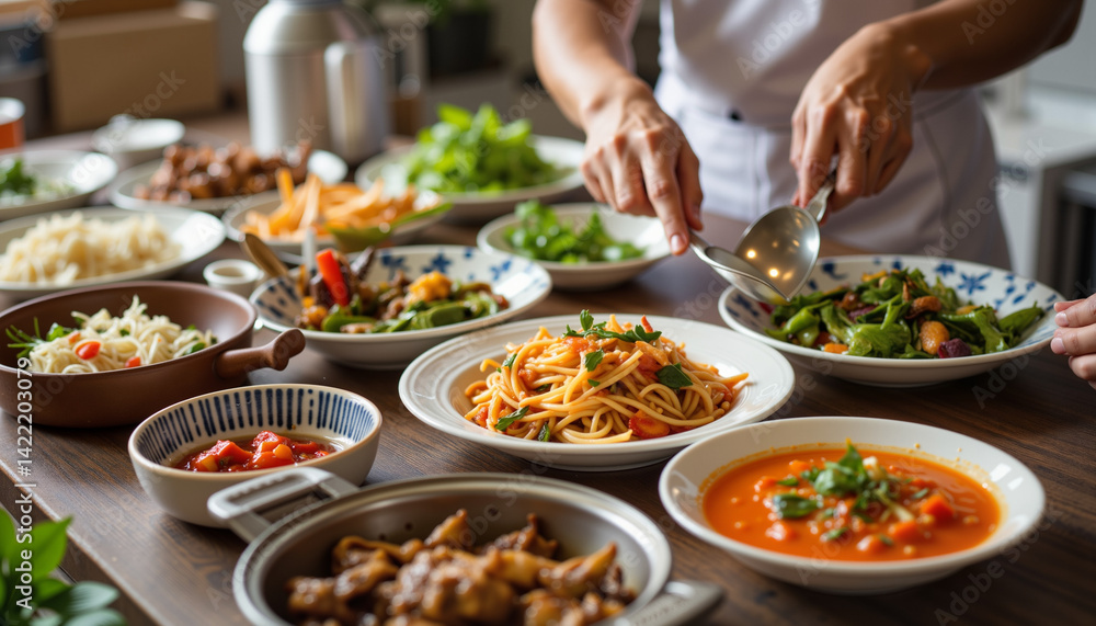 Obraz premium Hands serving delicious food at a vibrant kitchen table 
