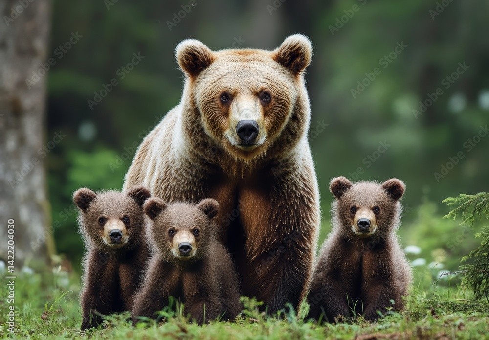 Brown bear mother with three cubs in a forest setting. Soft lighting, lush green background, close up view. Brown bear mother with three cubs in a forest setting. Soft lighting, lush green background, close up view.