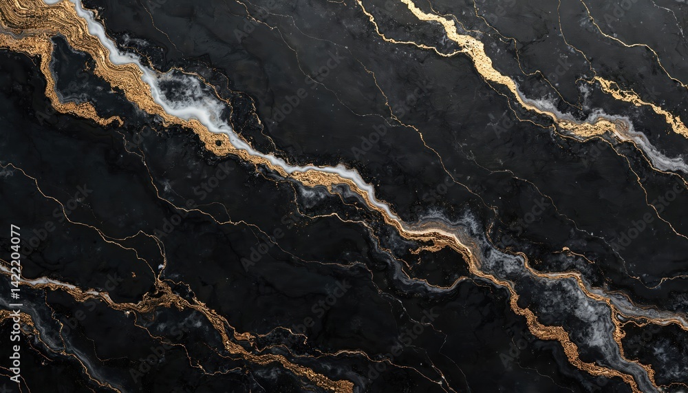 Abstract illustration black marble with golden veins. Elegant, luxurious background for premium design, wallpaper. Dark surface texture with gold, white highlights. Art, beauty, product showcase, Abstract illustration black marble with golden veins. Elegant, luxurious background for premium design, wallpaper. Dark surface texture with gold, white highlights. Art, beauty, product showcase,