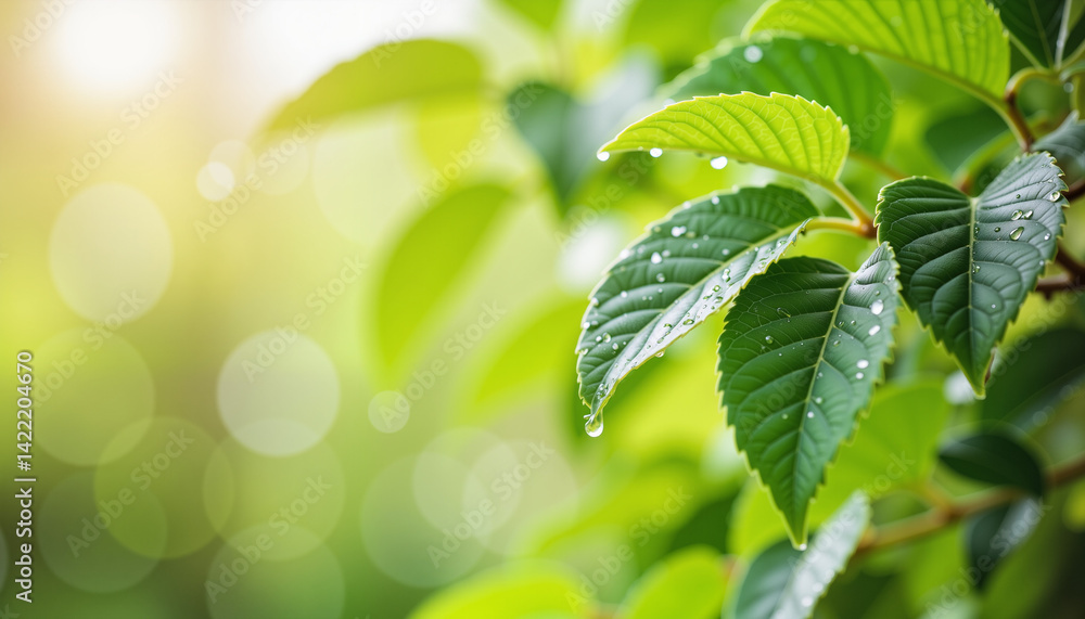Fresh green leaves with water droplets against a bokeh background Fresh green leaves with water droplets against a bokeh background