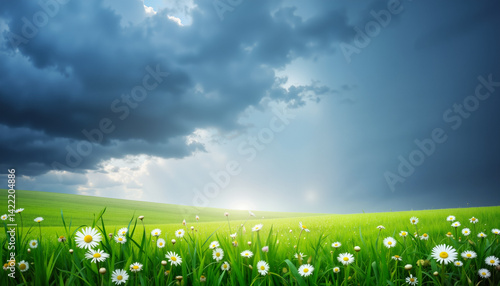 Green meadow with flowers under dramatic cloudy sky  