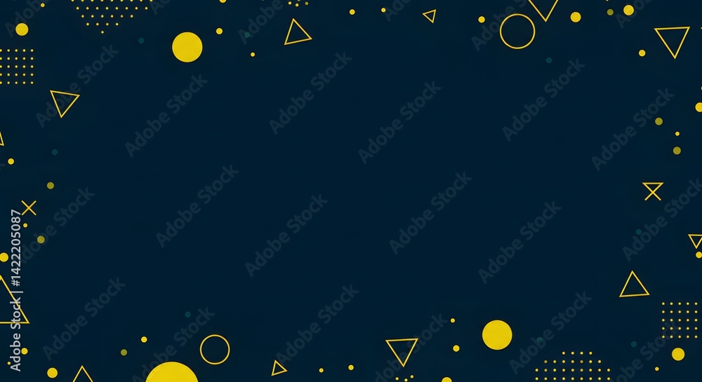 Fototapeta premium Dark background illustration featuring yellow geometric elements like circles and triangles, modern minimalist design with a space theme feel.