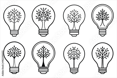 line art illustration of a light bulb with a detailed tree growing inside